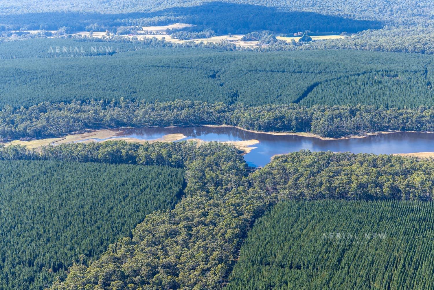 Aerial view of Bostock Reservoir near Bolwarrah, showing a narrow inlet, exposed pale shoreline, surrounding forest and plantation blocks.