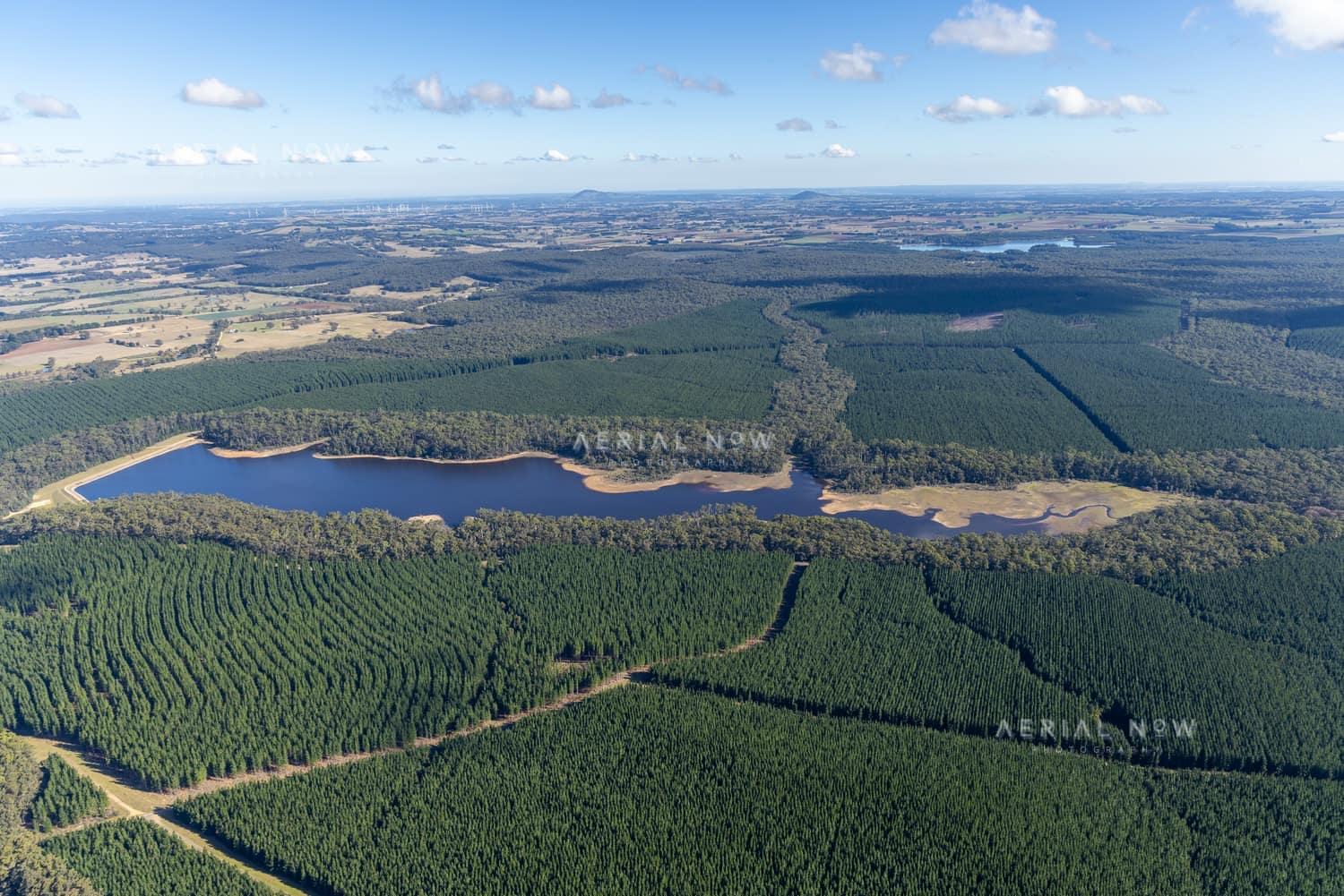Aerial view of Bostock Reservoir at Spargo Creek, with dark water bordered by forest, pine plantations, access tracks and surrounding rural land.