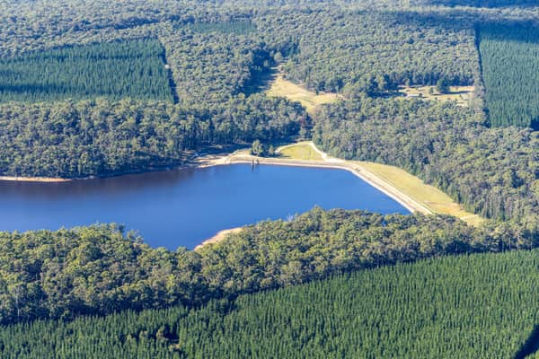 Aerial view of Bostock Reservoir at Bolwarrah, showing the dam wall, blue water storage, surrounding forest and pine plantation.